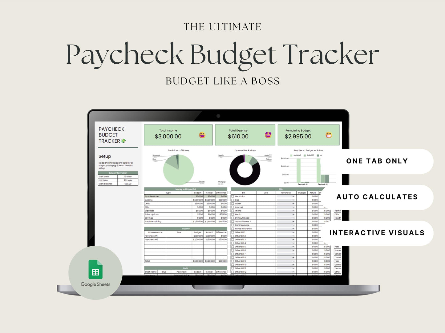 Paycheck Budget + Debt Tracker Bundle – Google Sheets Finance Tool